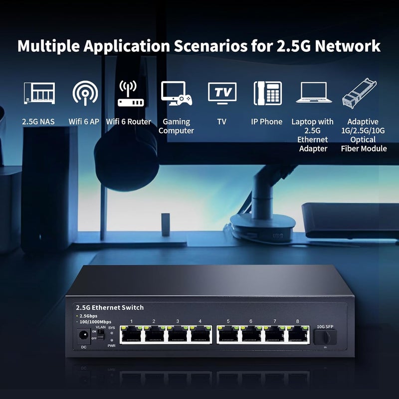 STEAMEMO 8-Port 2.5G Ethernet Switch with 10G SFP | Plug-and-Play Unmanaged Network Switch | 60Gbps Switching Capacity | Compatible with Gigabit/2.5Gb Multi-Gig for NAS, PC, Gaming & Home Office - Image 5